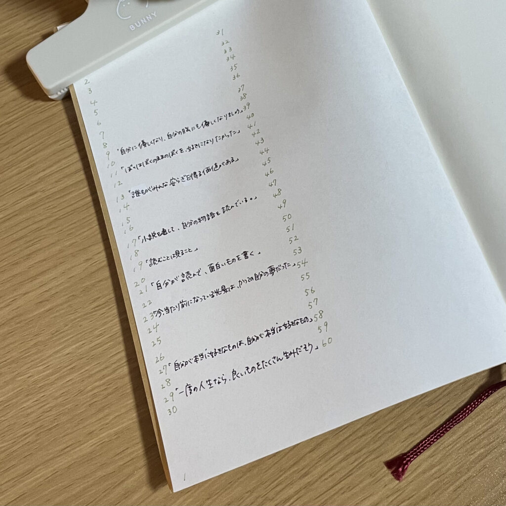 読書ノートの目次ページ。
「自分に優しくなり、自分の脳にも優しくなりましょう」
「ぼくはぼくのままのぼくを、好きになりたかった」「誰もがみんな安らぎを得る価値がある」「小説を通して、自分の物語を読んでいる」「読むことは見ること」「自分が読んで、面白いものを書く」「今、当たり前になっている光景は、かつての自分の夢だった」「自分が本当に好きなものが、自分が本当は好きなもの」「一度の人生なら、いいものをたくさん生み出そう」